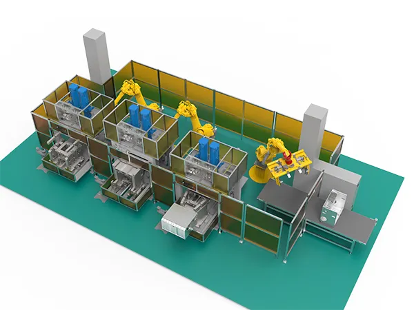 Línea automatizada de montaje y clinchado para carcasas de estufas integradas